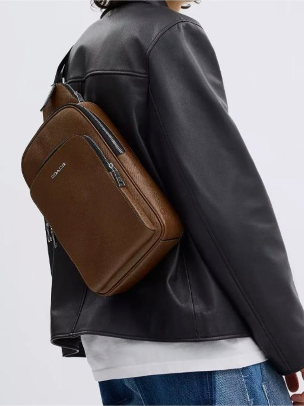 Coach Brown Leather Sling Bag for Men with Silver Hardware
